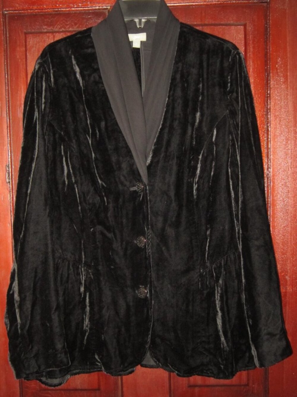 J. Jill Size L Vintage Black Velvet Blazer Jacket Fitted Pleated Chiffon Collar
